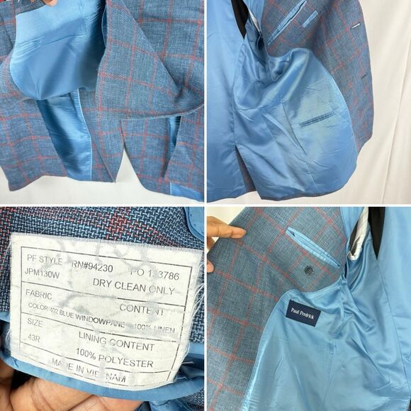 Paul Fredrick Linen Blazer Sport Coat Mens Size 43R Blue Plaid Jacket - Picture 11 of 16